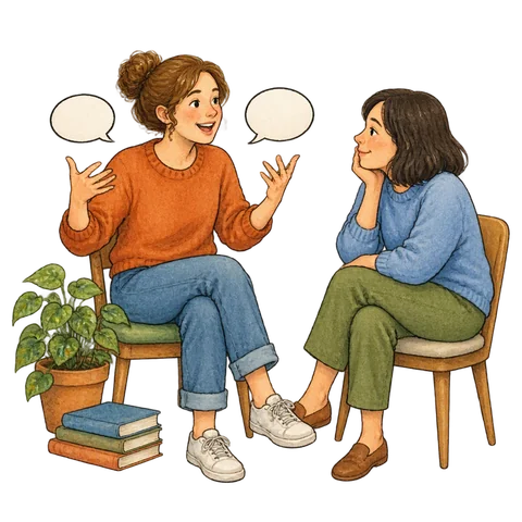 A lively storyteller gesturing with bent elbows while a patient friend listens, small blank speech bubbles beside the elbows
