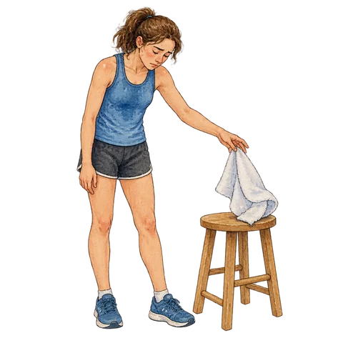 A tired athlete tossing a white towel onto a stool.