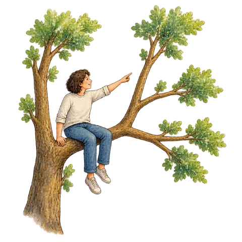 A person on a tree branch pointing toward branches that fork in different directions