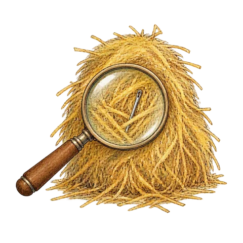 A magnifying glass searching a compact haystack for one tiny silver sewing needle