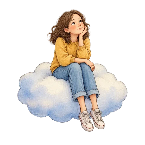 A daydreaming person sitting safely on a soft floating cloud, feet dangling and gaze drifting upward