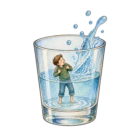 A miniature worried person safely standing in a shallow drinking glass, dramatizing an ordinary splash