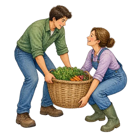 One person extending a helping hand to lift a heavy basket with another person