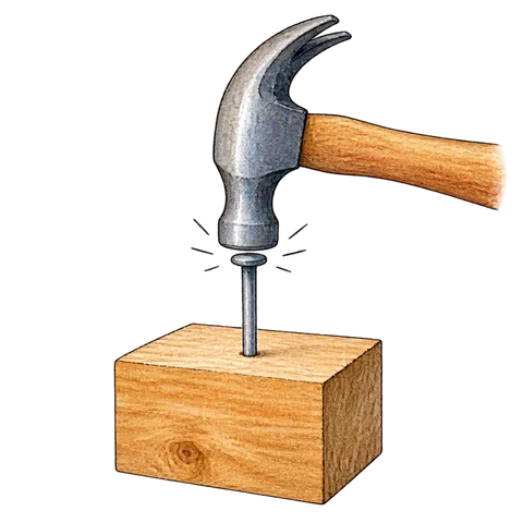 A small hammer striking one nail exactly on its head, with the nail firmly centered in a wooden block