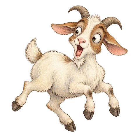 A playful goat hopping sideways with an exaggerated surprised expression