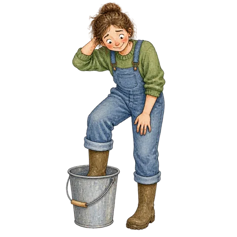 A sheepish person with one boot accidentally planted in a bucket, a gentle visual mistake