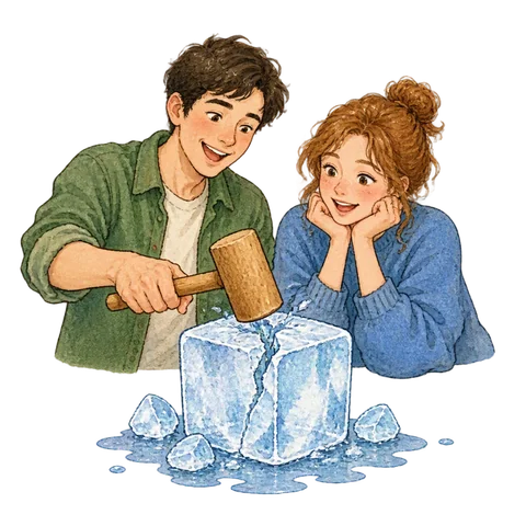 An ice cube cracked open by a small wooden mallet, two newly acquainted people smiling behind it