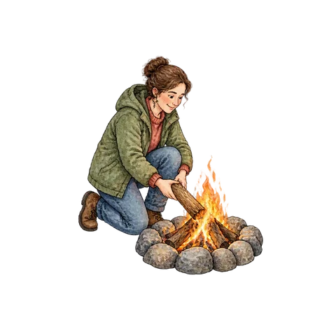 A person adding a log to a small campfire