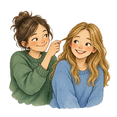 A mischievous friend gently tugging one loose lock of another smiling person’s hair, friendly teasing