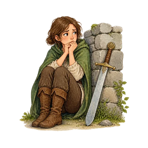 A worried figure between a stone wall and a blunt decorative sword resting harmlessly nearby, no wound or threat in motion