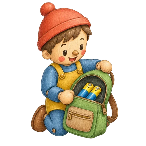 A cheerful toy person opening a small backpack to reveal two bright batteries, newly ready for action