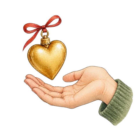 A gold heart ornament beside an open hand