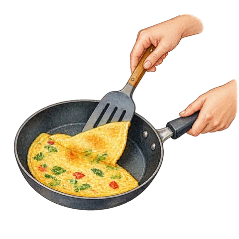 A frying pan with an omelet being turned
