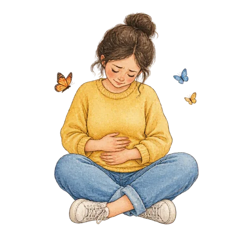Small butterflies beside a person holding their stomach