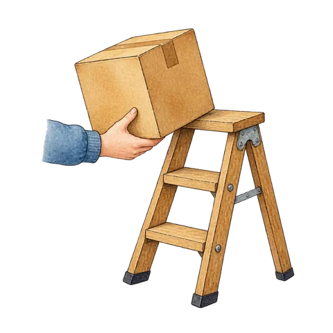 A hand helping lift a box beside a small ladder
