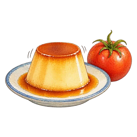 A flan trembling on a plate beside a tomato