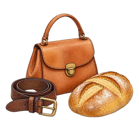 A purse beside a belt and a loaf of bread