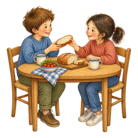Two friends sharing bread at a table