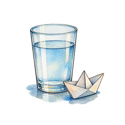 A glass of water beside a tiny paper boat