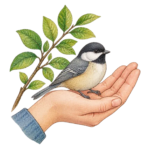 A bird resting in an open hand beside a leafy branch