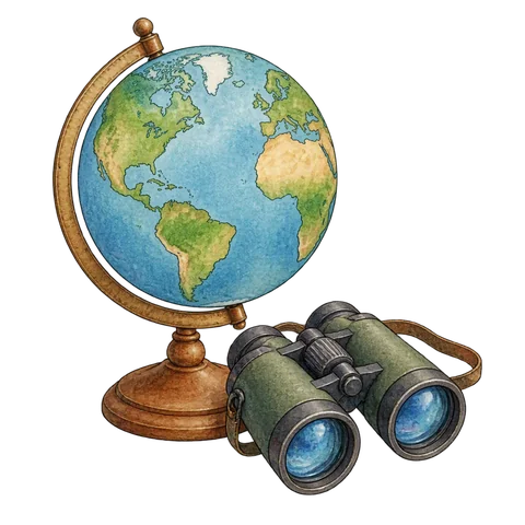 A globe beside a pair of binoculars