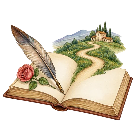 An open book with a quill and rose, with a winding path emerging from its pages.