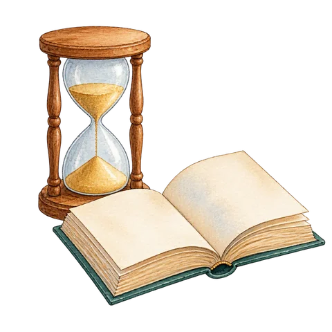 An hourglass beside an open book