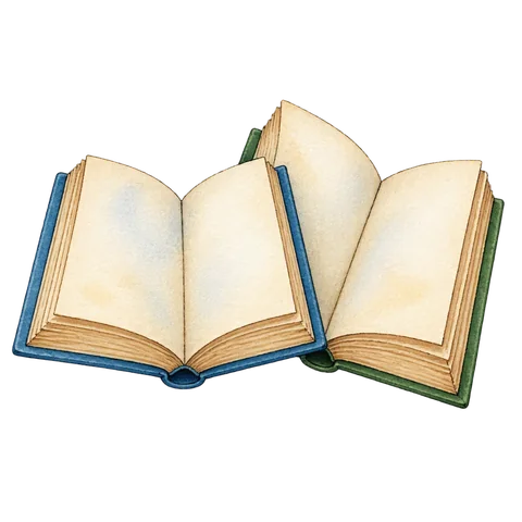 Two open books leaning gently together