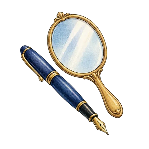 A fountain pen beside a small mirror