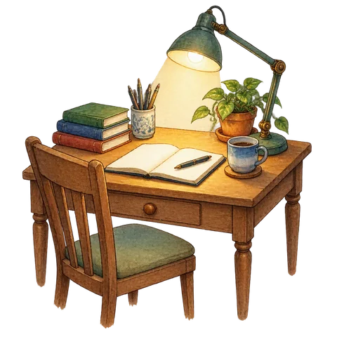 A lamp shining over a writer’s desk