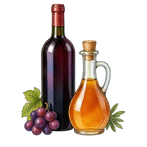 A wine bottle beside a vinegar bottle without labels