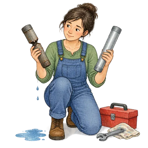 A person comparing a broken pipe with a new pipe