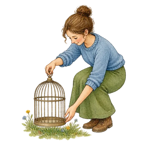 A person gently lowering an empty birdcage