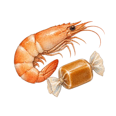 A shrimp beside a wrapped caramel sweet