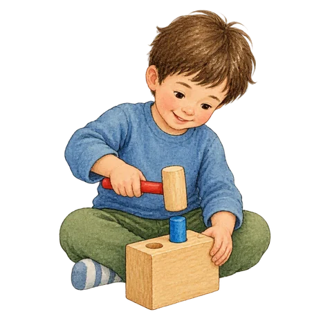 A child using a toy hammer on a wooden block