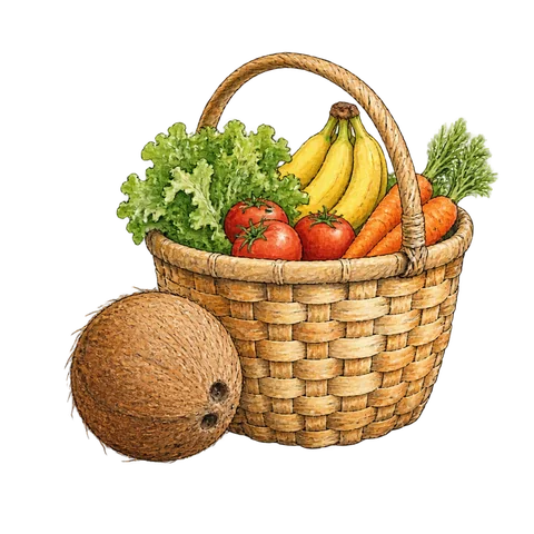 A small coconut beside a market basket
