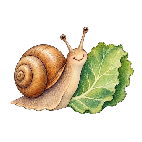 A smiling snail beside a cabbage leaf