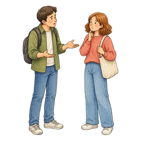 A puzzled person gesturing toward another person
