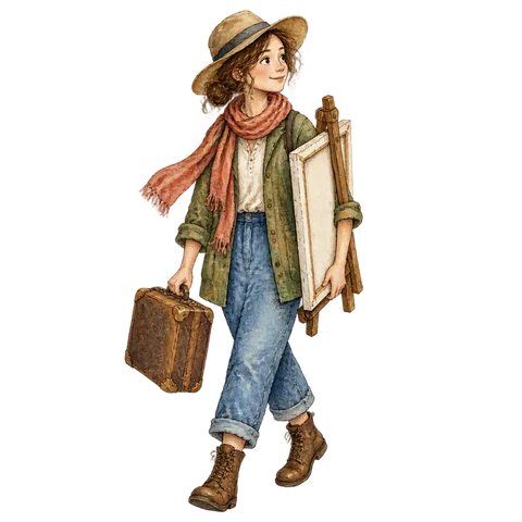 A traveling painter with a canvas and a little suitcase