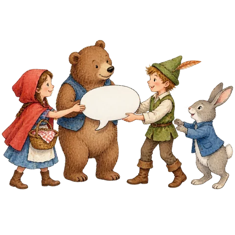 A group of storybook figures passing a blank speech bubble