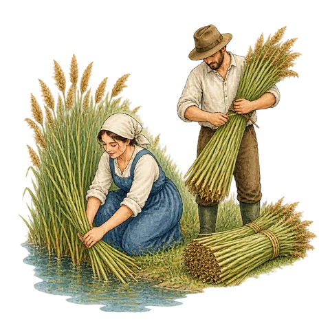 Two people gathering reeds into bundles