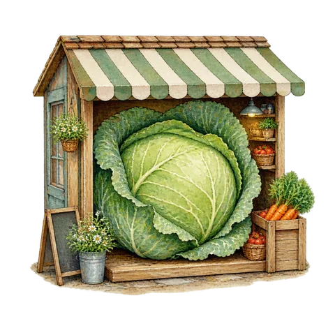 An enormous cabbage in a tiny shop