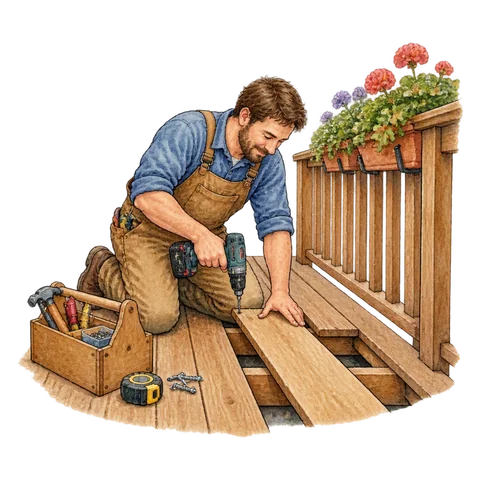 A carpenter repairing balcony boards