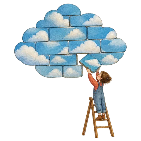 A whimsical sky made of bricks with one brick being removed