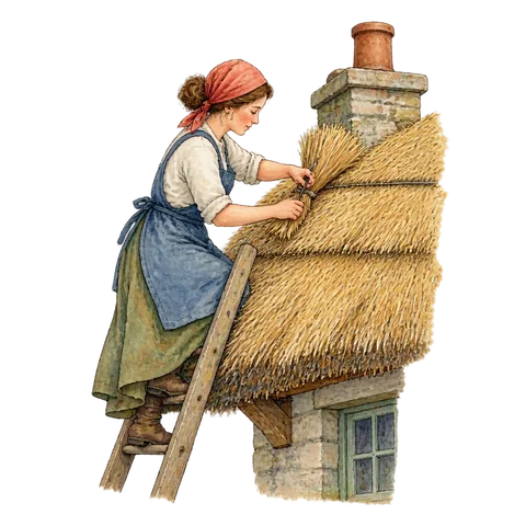 A woman carefully repairing a small thatched roof