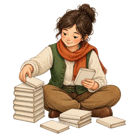 A storyteller counting small blank books
