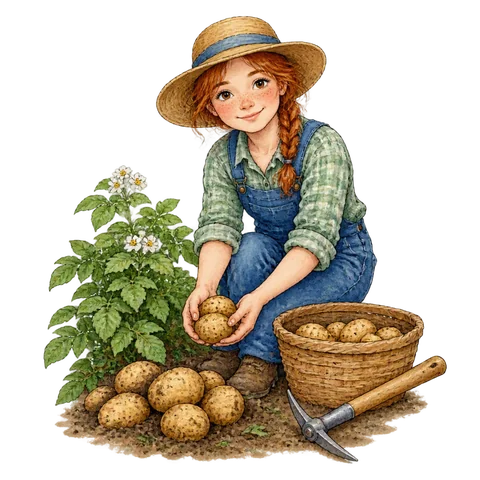 A freckled gardener beside potatoes and a small pick