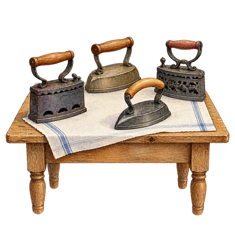 Four old-fashioned irons on a table
