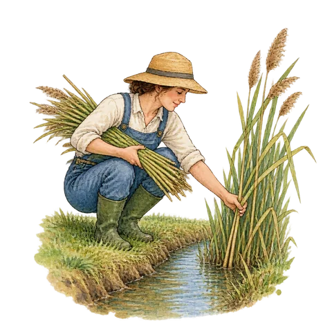 A person gathering reeds beside a shallow ditch