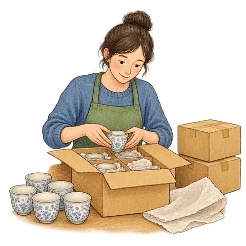 A person carefully packing small cups into boxes
